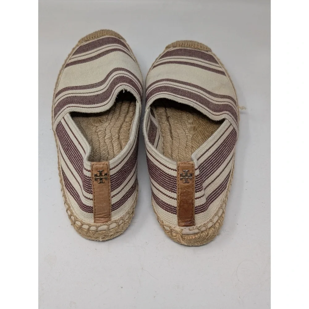 Tory Burch Awning Beige Plum Elastic Stripe Espadrille‎ Flats Beach Women's Sz 8